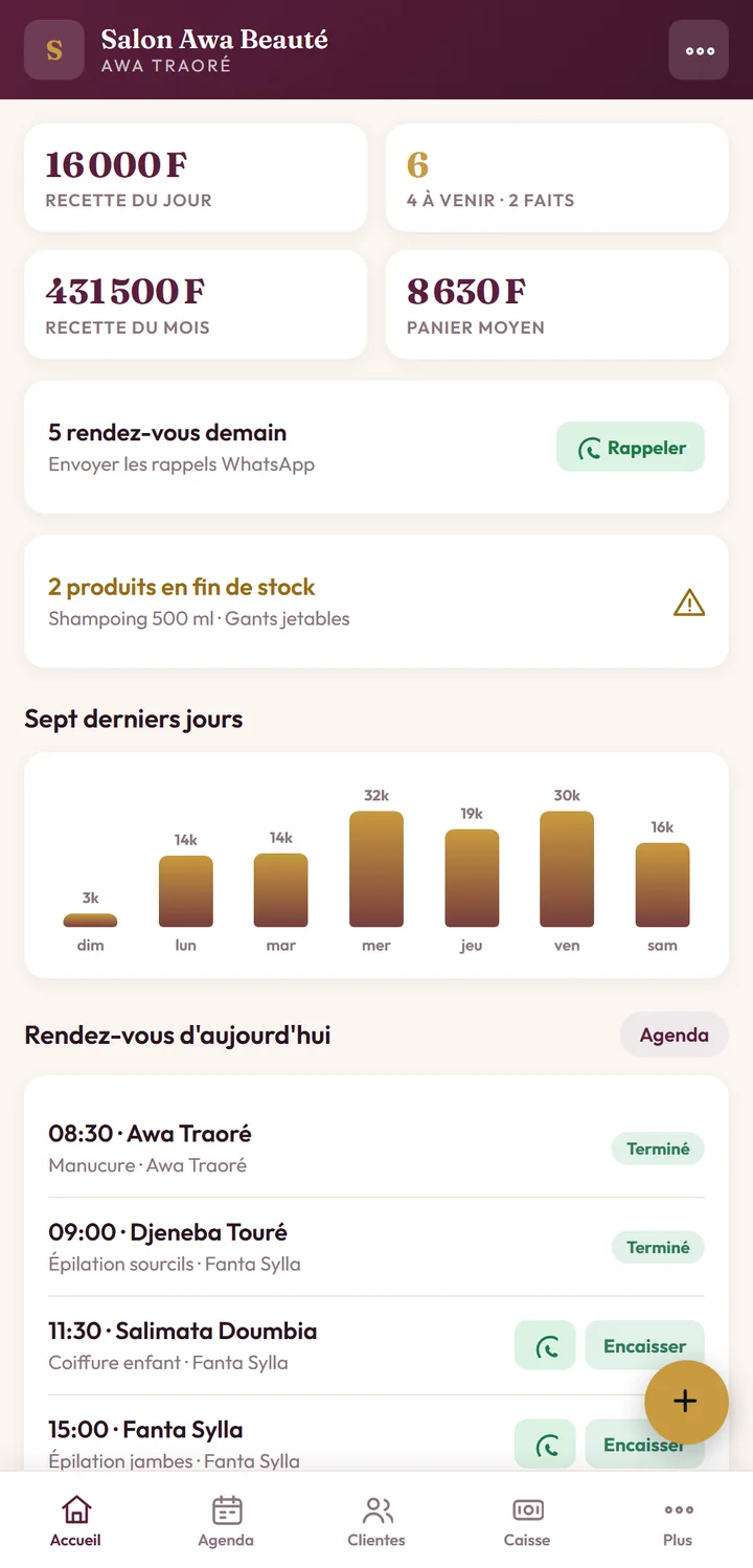 L'écran d'accueil de SANKI GLOW : recette du jour, rendez-vous, alertes de stock