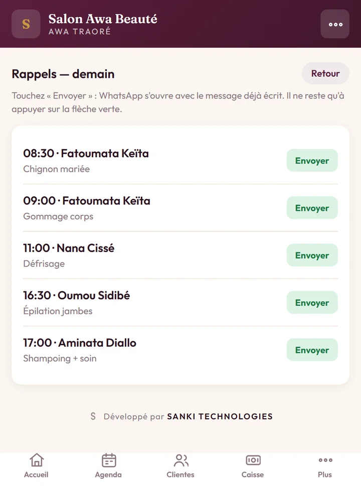 La liste des rappels du lendemain, avec un bouton Envoyer par cliente