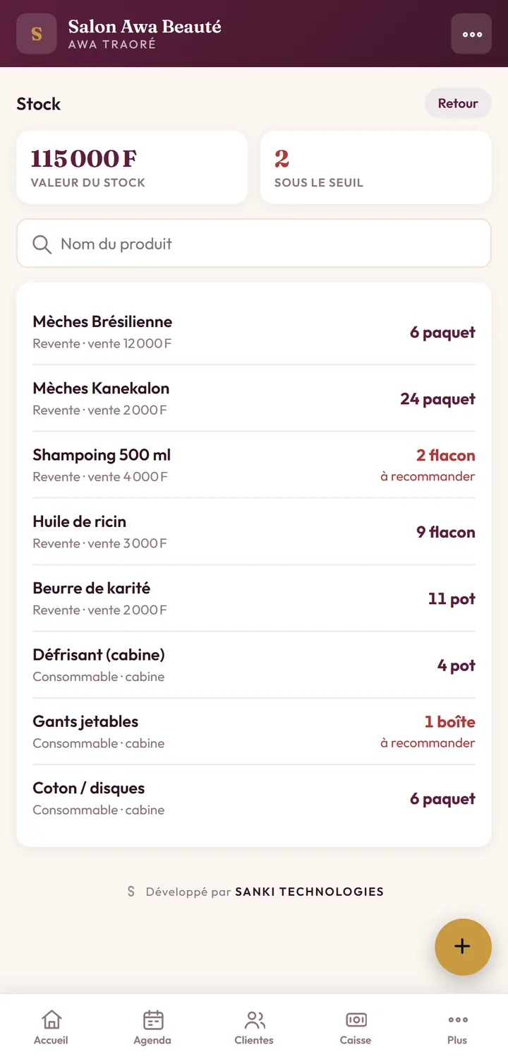 Le stock des produits, avec la valeur et les alertes de seuil